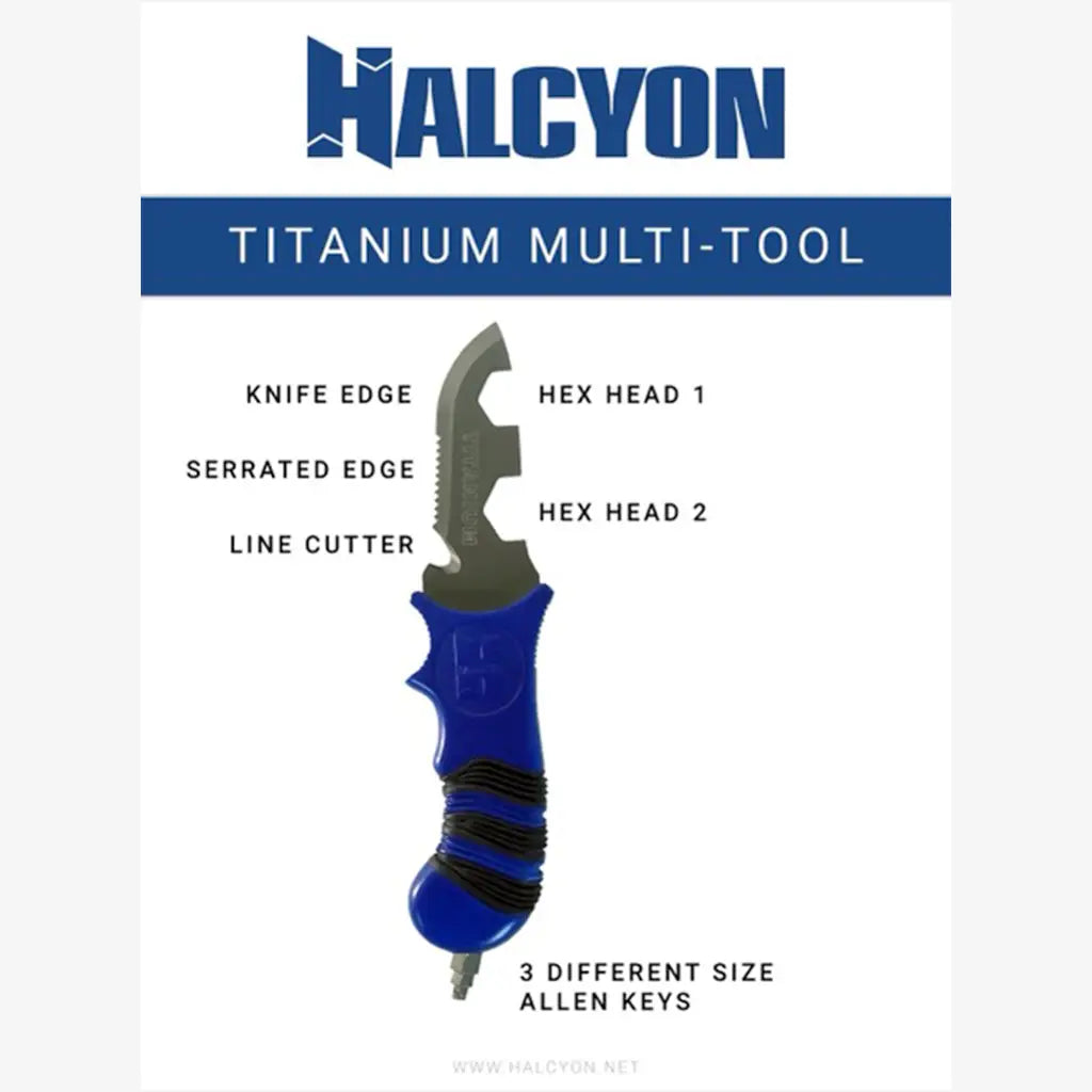 Blue-handled halcyon titanium multi-tool with knife edge serrated edge line cutter and two hex heads visible