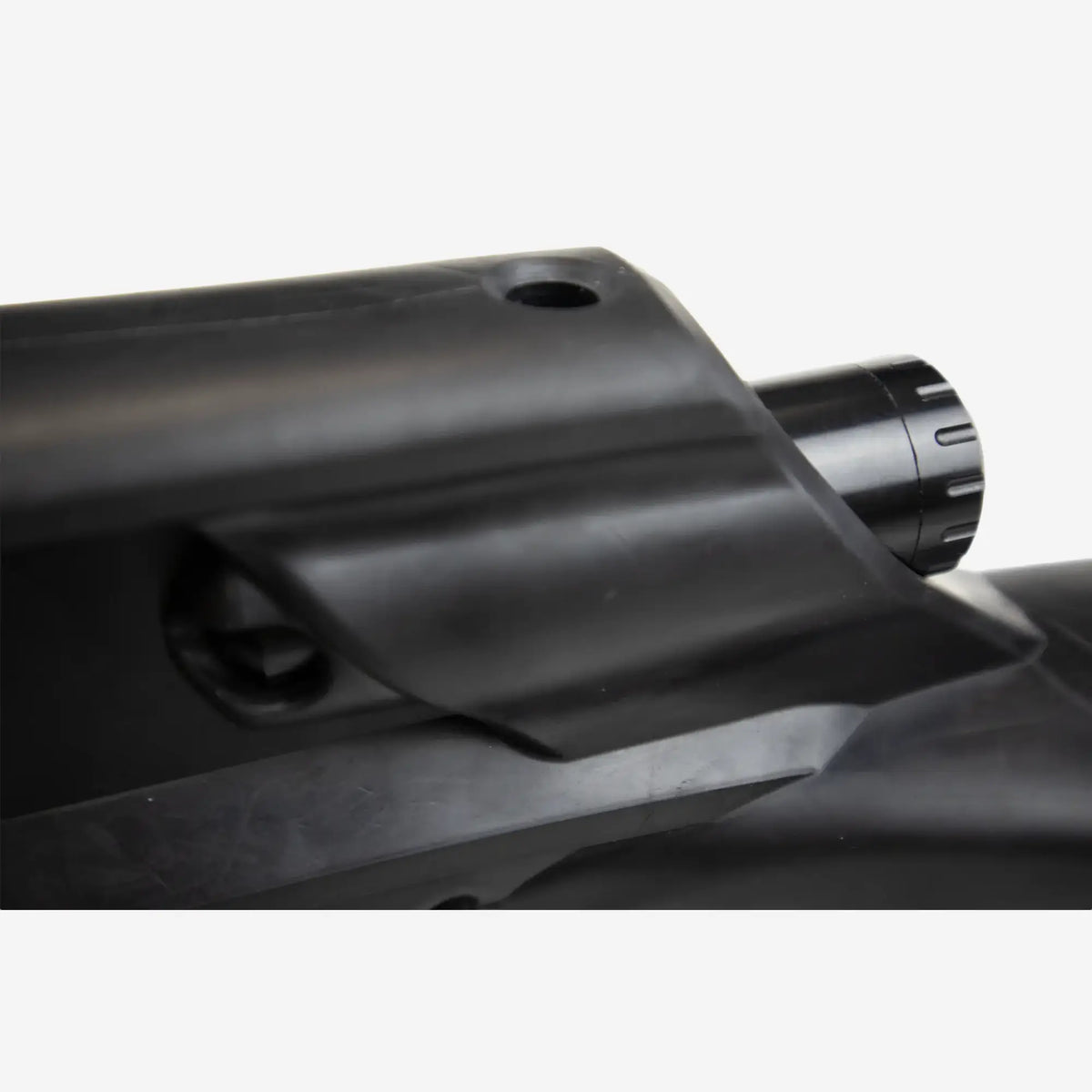 Black plastic airsoft rifle stock with textured grip and adjustable rear sight shown from the back side for halcyon vector pro fin accessory canister storage and weighting