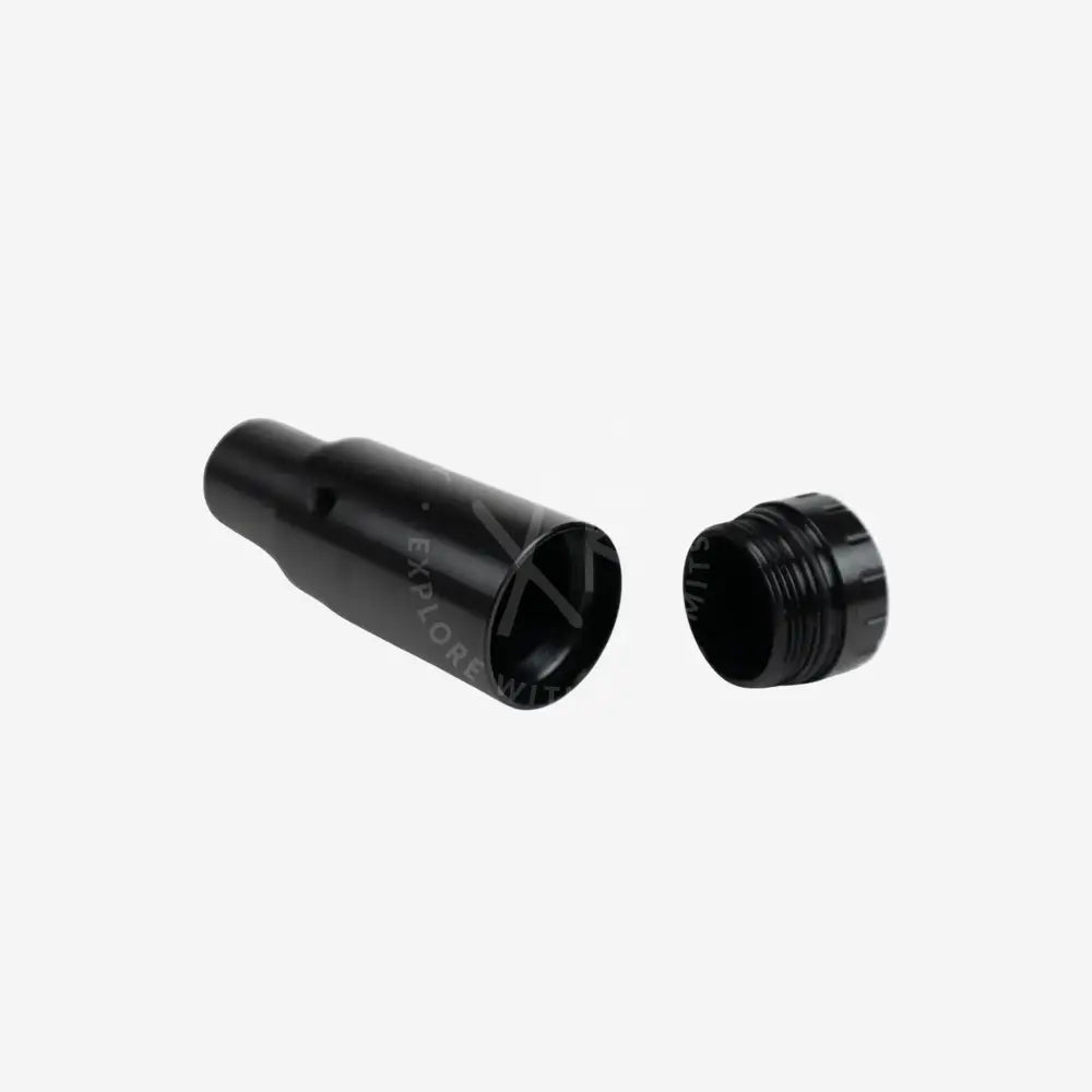 Black metal cylindrical adapter with threaded cap for halcyon vector pro fin accessory canister storage and weighting