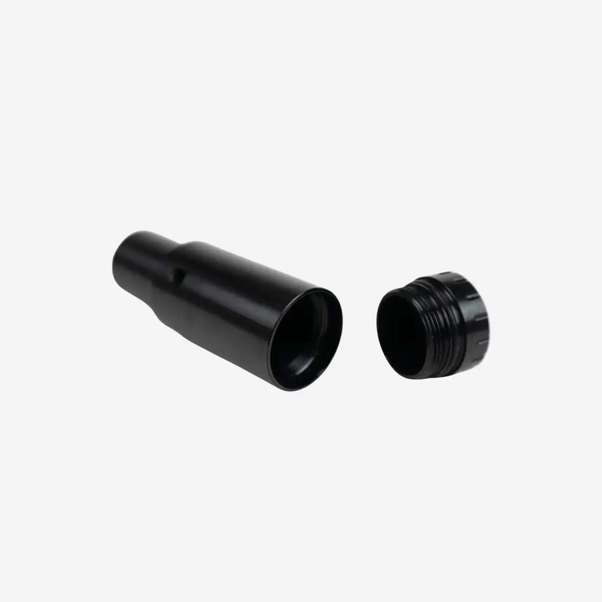 Black metal cylindrical adapter with threaded cap for halcyon vector pro fin accessory canister storage and weighting