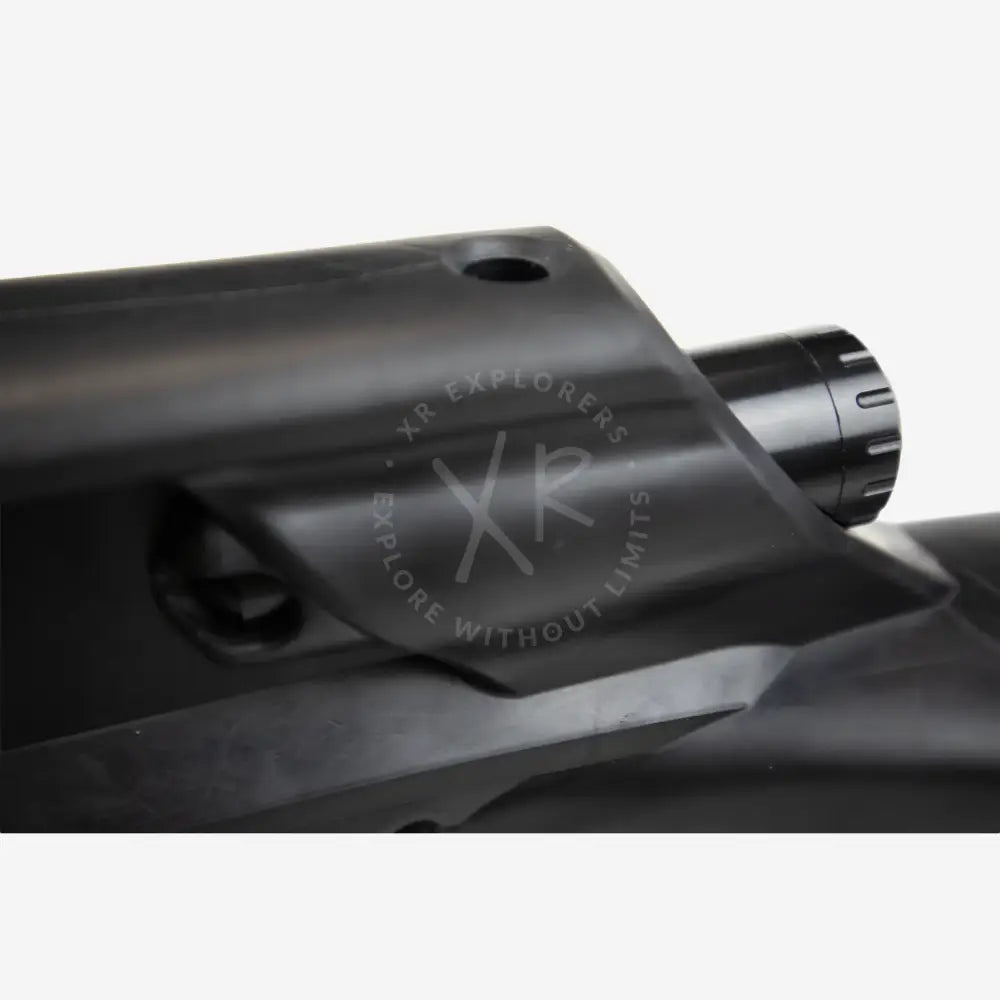 Black plastic airsoft rifle stock with textured grip and adjustable rear sight shown from the back side for halcyon vector pro fin accessory canister storage and weighting