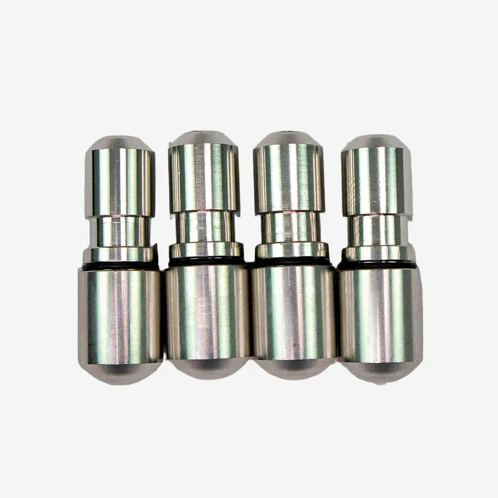 A set of four silver-colored metal weights with O-rings, arranged side by side.