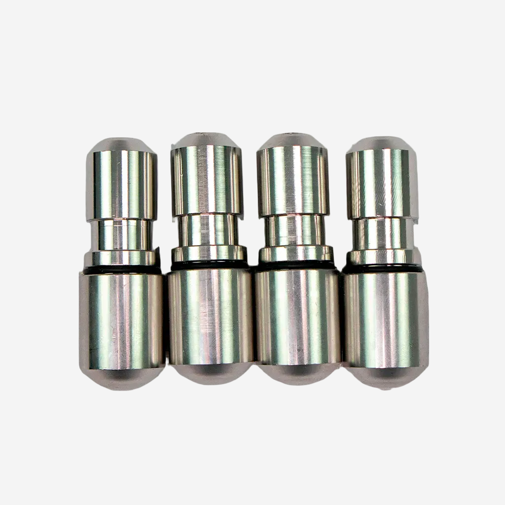 A set of four silver-colored metal weights with O-rings, arranged side by side.