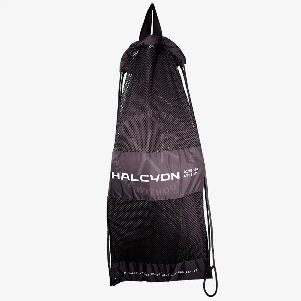 Black mesh drawstring bag with gray reinforced panel and halcyon dive 98 systems logo for halcyon vector pro fins