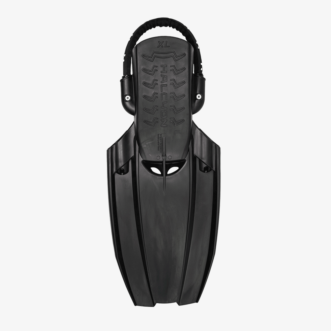 A pair of black Halcyon Vector Pro fins positioned vertically on a white background.