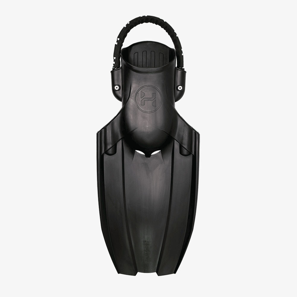 A pair of black Halcyon Vector Pro fins positioned vertically on a white background.