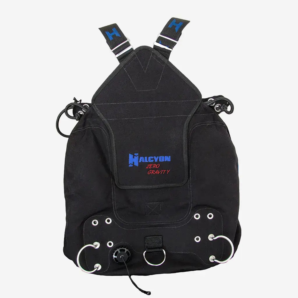 Black and blue scuba diving harness on a white background