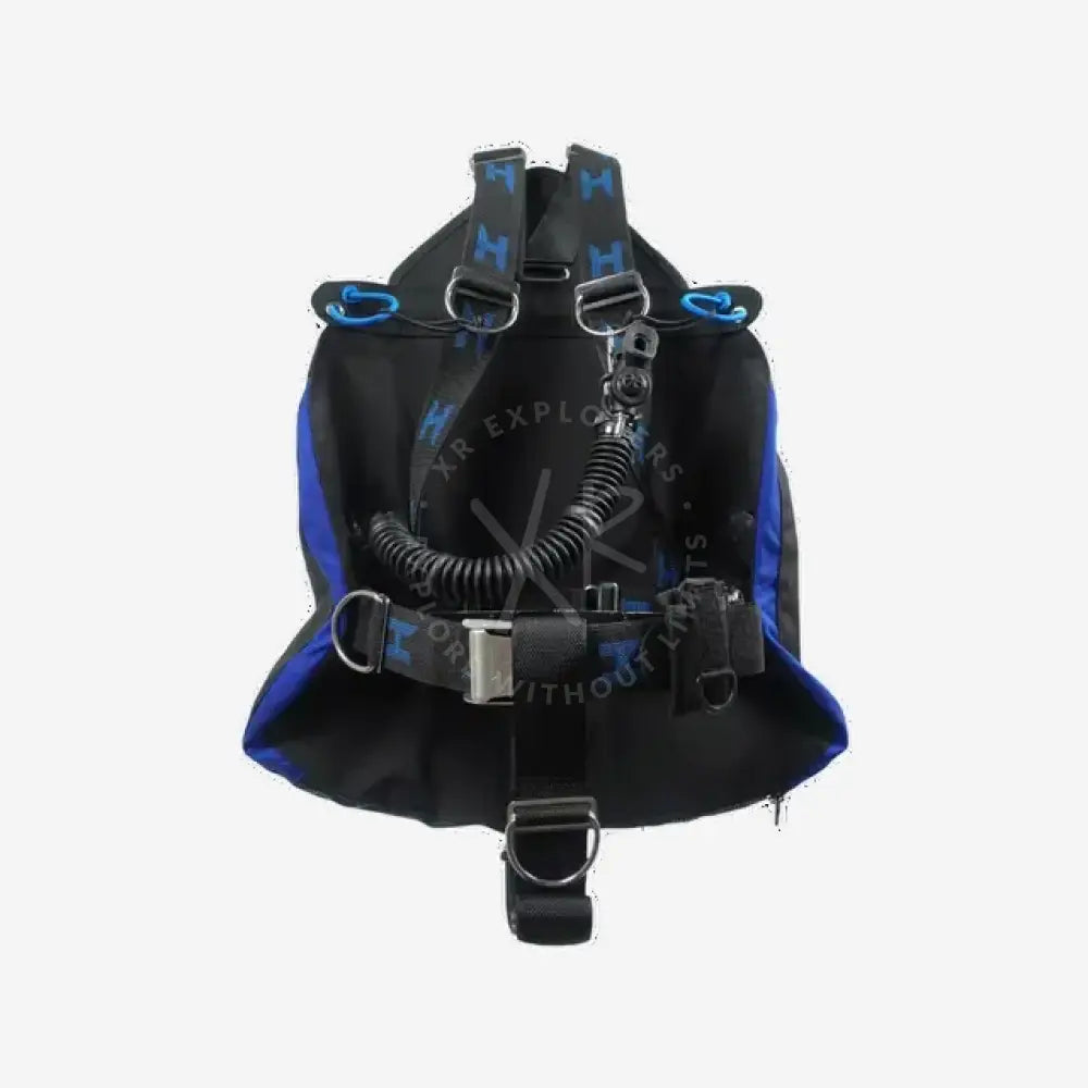 Black and blue scuba diving harness on a white background