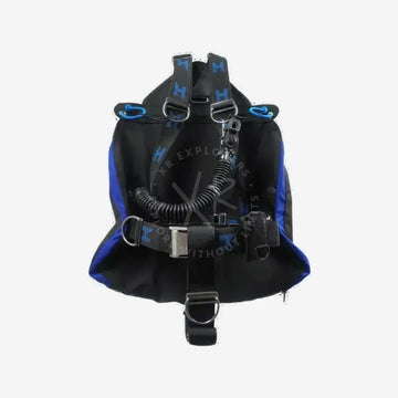 Black and blue scuba diving harness on a white background