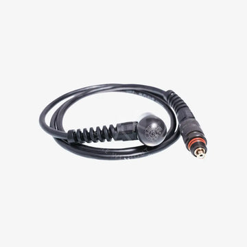 Coiled black cable with a metal connector on a white background