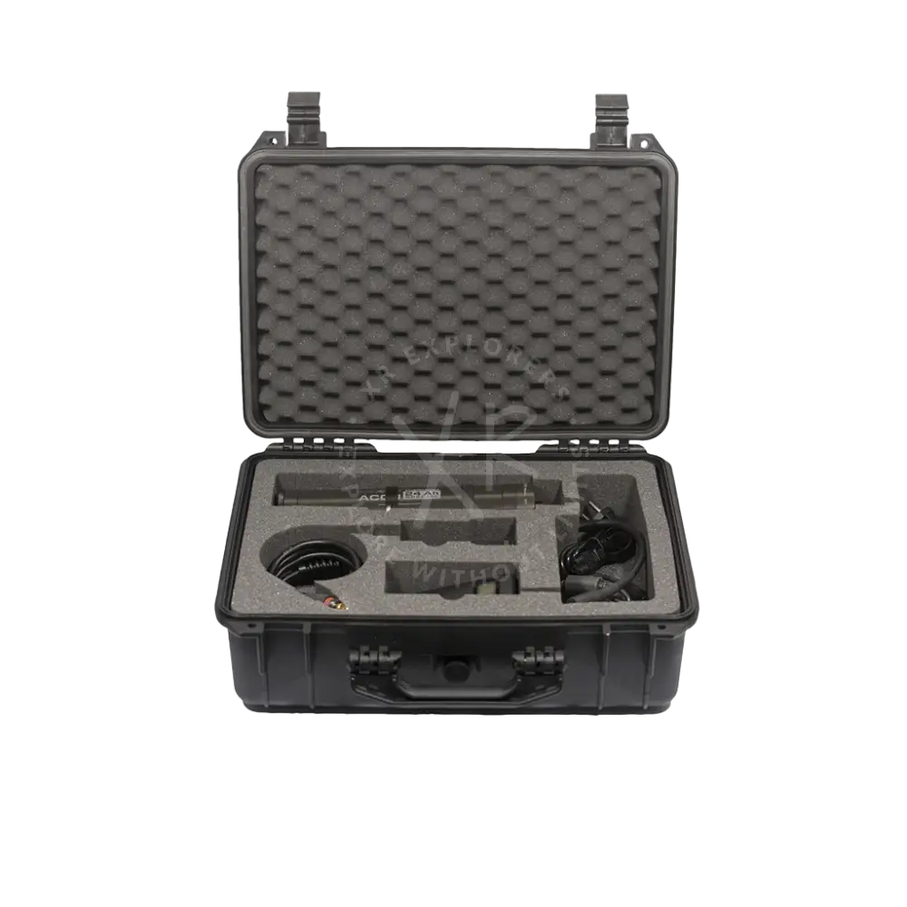 Black rugged heavy-duty case containing a professional-grade microphone and accessories for secure transport