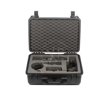 Black rugged heavy-duty case containing a professional-grade microphone and accessories for secure transport