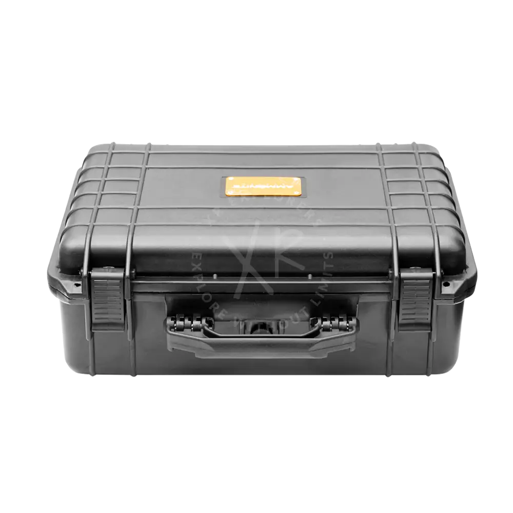 Heavy-duty case black rugged hard-shell with textured grid pattern and orange label on the lid for secure storage