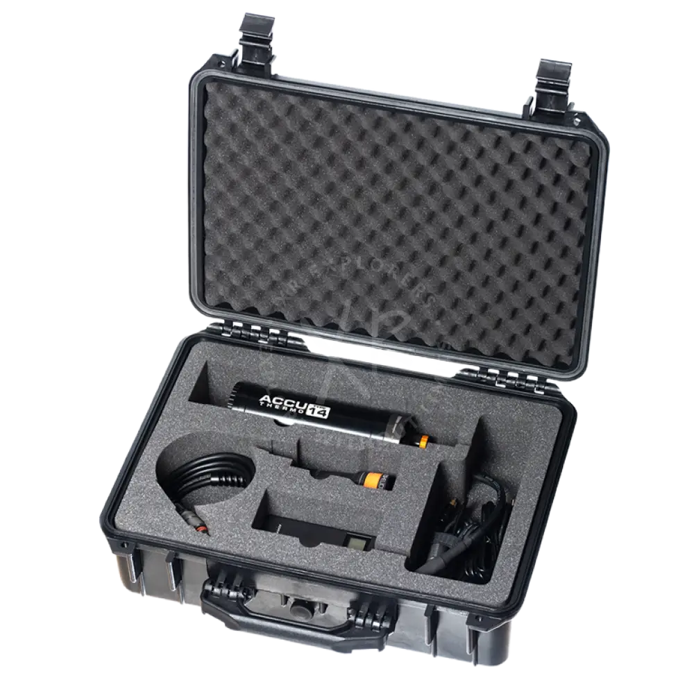 Black accuthermo infrared thermometer in a heavy-duty protective case with foam inserts for secure storage