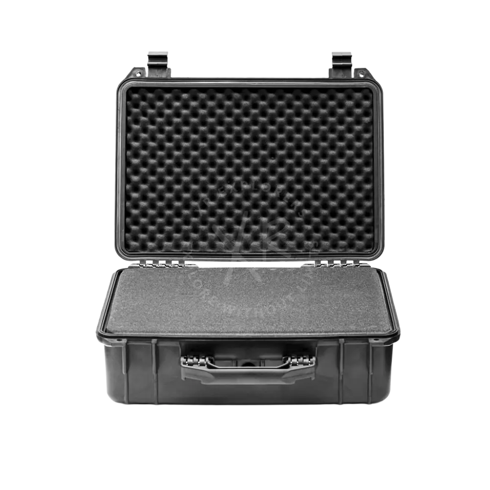 Heavy-duty case black rugged hard-shell with molded foam interior and textured exterior for secure protection