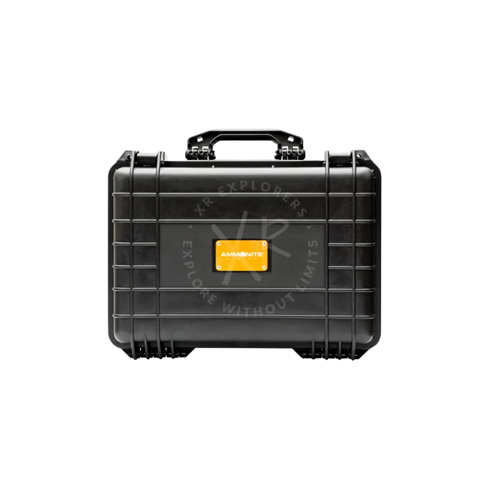 Heavy-duty black rugged case with textured surface reinforced corners and orange ammunite label on front