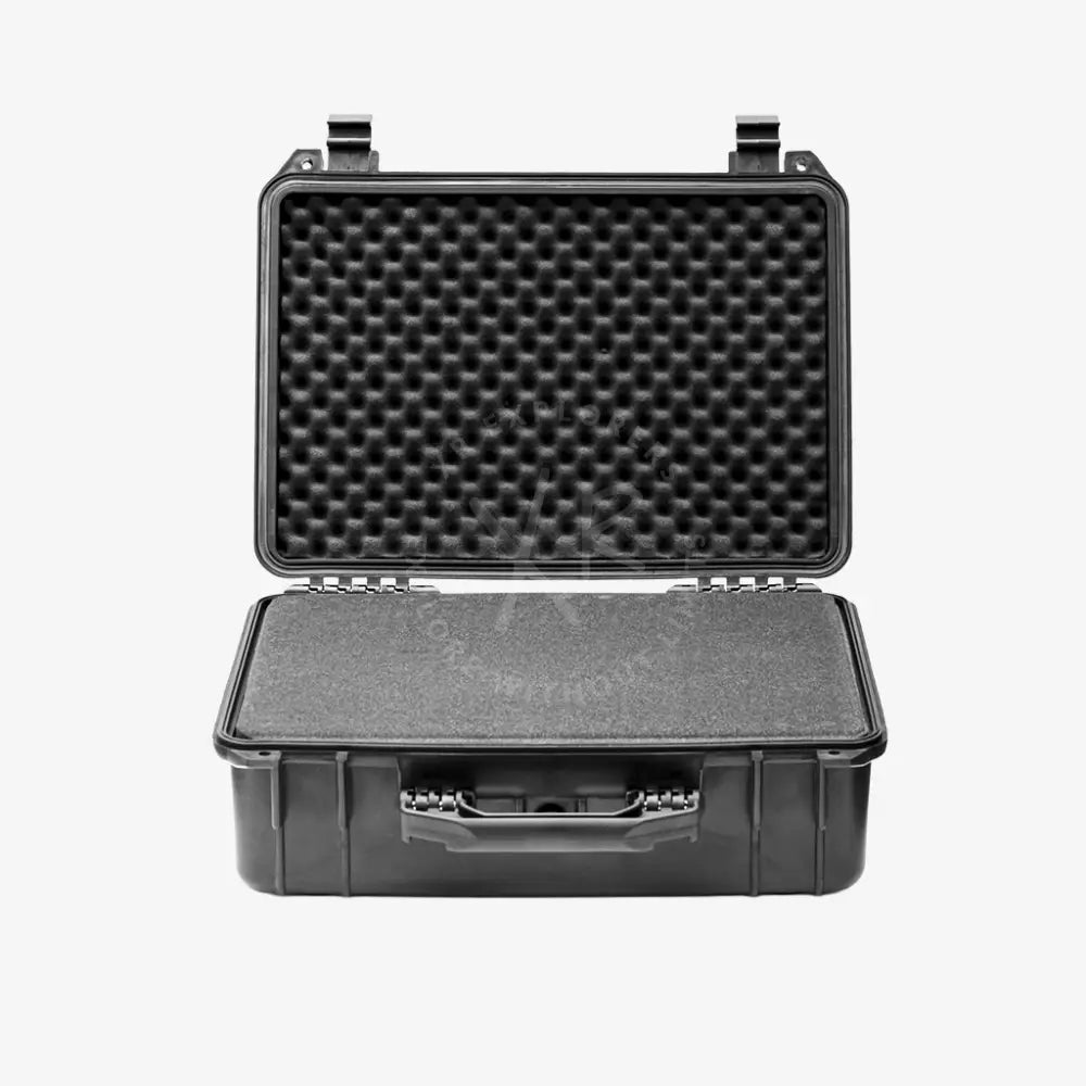 Heavy-duty case black rugged hard-shell with molded foam interior and textured exterior for secure protection