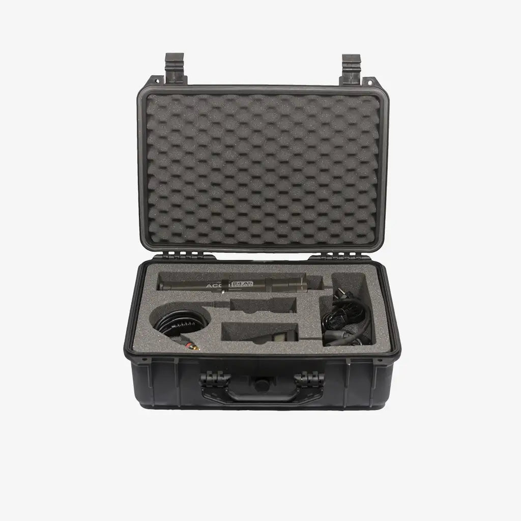 Black rugged heavy-duty case containing a professional-grade microphone and accessories for secure transport