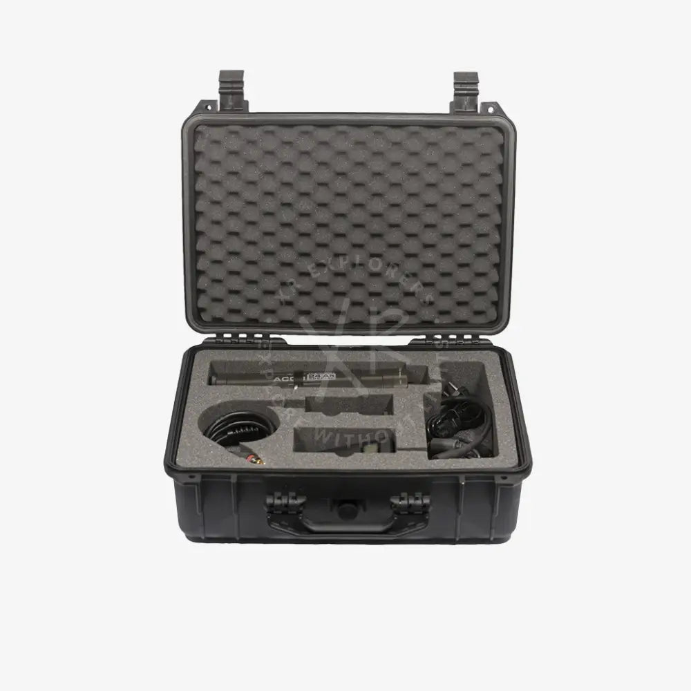 Black rugged heavy-duty case containing a professional-grade microphone and accessories for secure transport