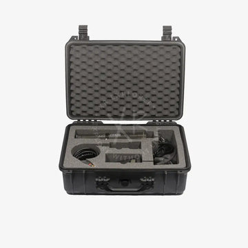 Black rugged heavy-duty case containing a professional-grade microphone and accessories for secure transport