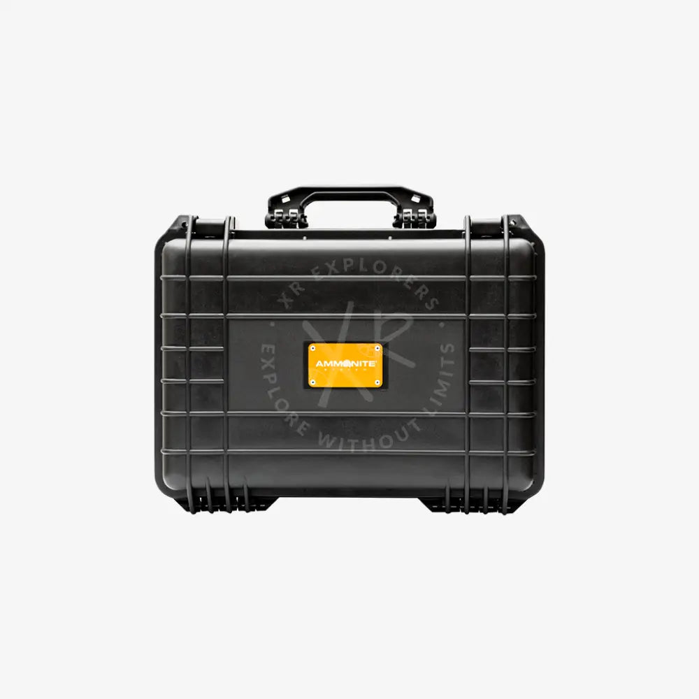 Heavy-duty black rugged case with textured surface reinforced corners and orange ammunite label on front