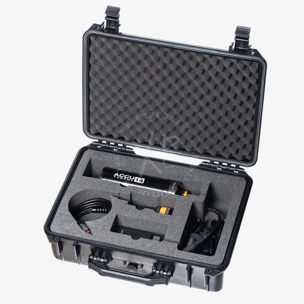 Black accuthermo infrared thermometer in a heavy-duty protective case with foam inserts for secure storage