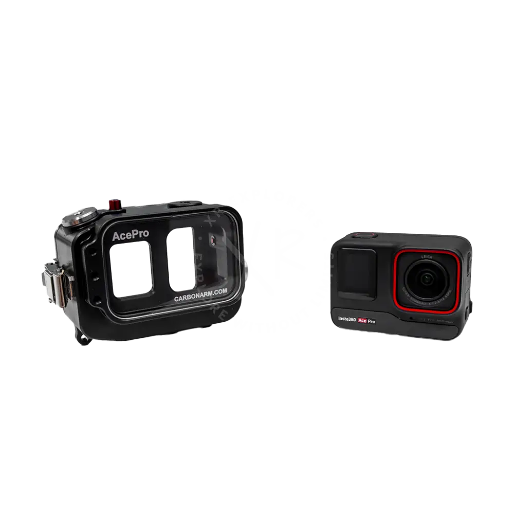 Black acepro waterproof housing for insta360 one pro action camera with red trim and clear front panel