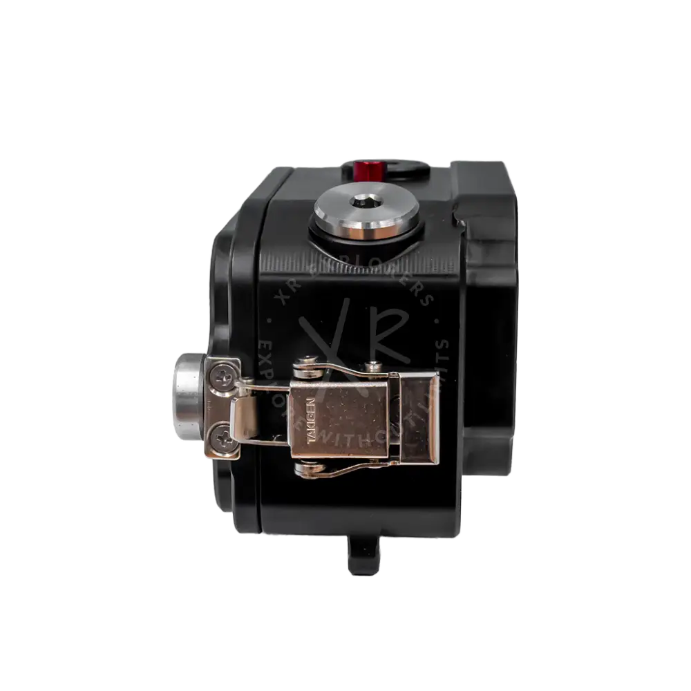 Black industrial-grade camera mount for insta360 ace pro and ace pro 2 housing with silver lock and red adjustment knob