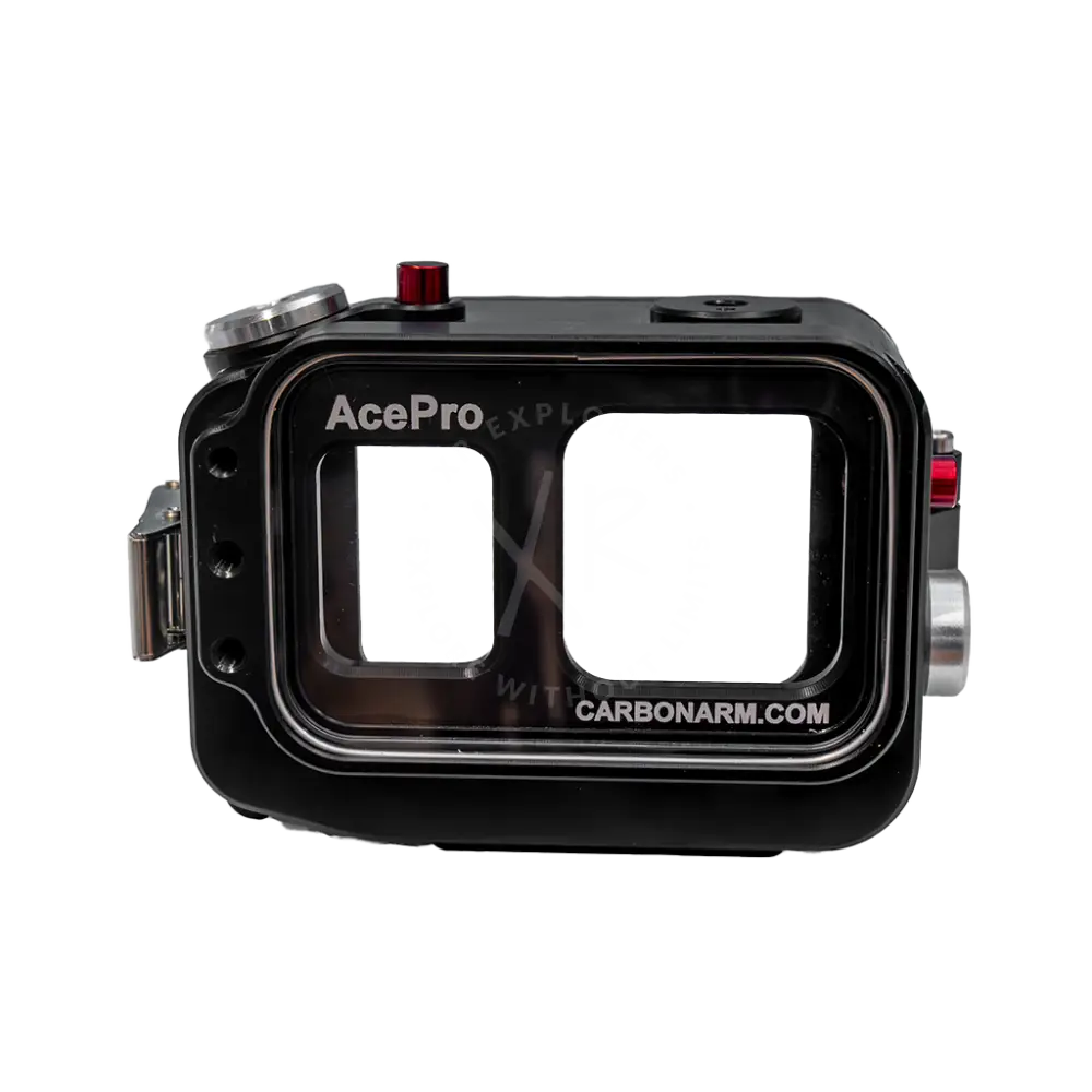 Black acepro underwater housing with clear front panels and silver accents for Insta360 Ace Pro and Ace Pro 2 cameras