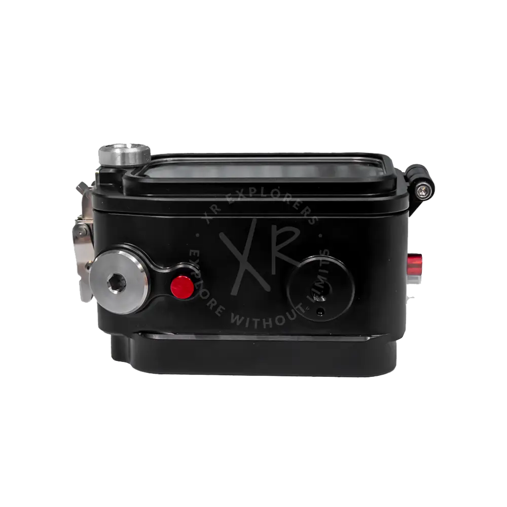 Black waterproof camera housing with silver metallic accents and red button for insta360 ace pro and ace pro 2