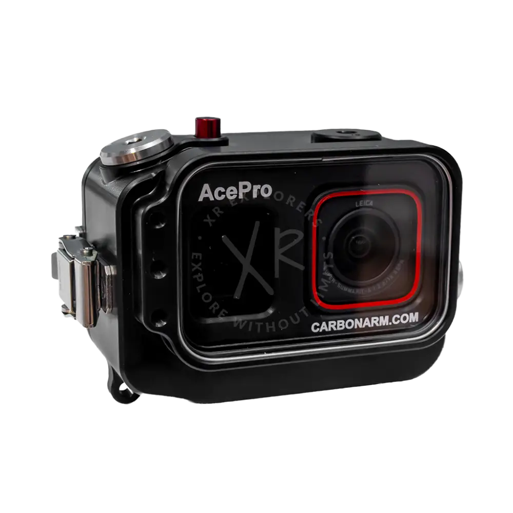 Black acepro underwater camera housing with red-rimmed Leica lens and metallic accents for Insta360 Ace Pro and Ace Pro 2