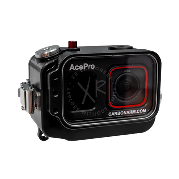 Black acepro underwater camera housing with red-rimmed Leica lens and metallic accents for Insta360 Ace Pro and Ace Pro 2