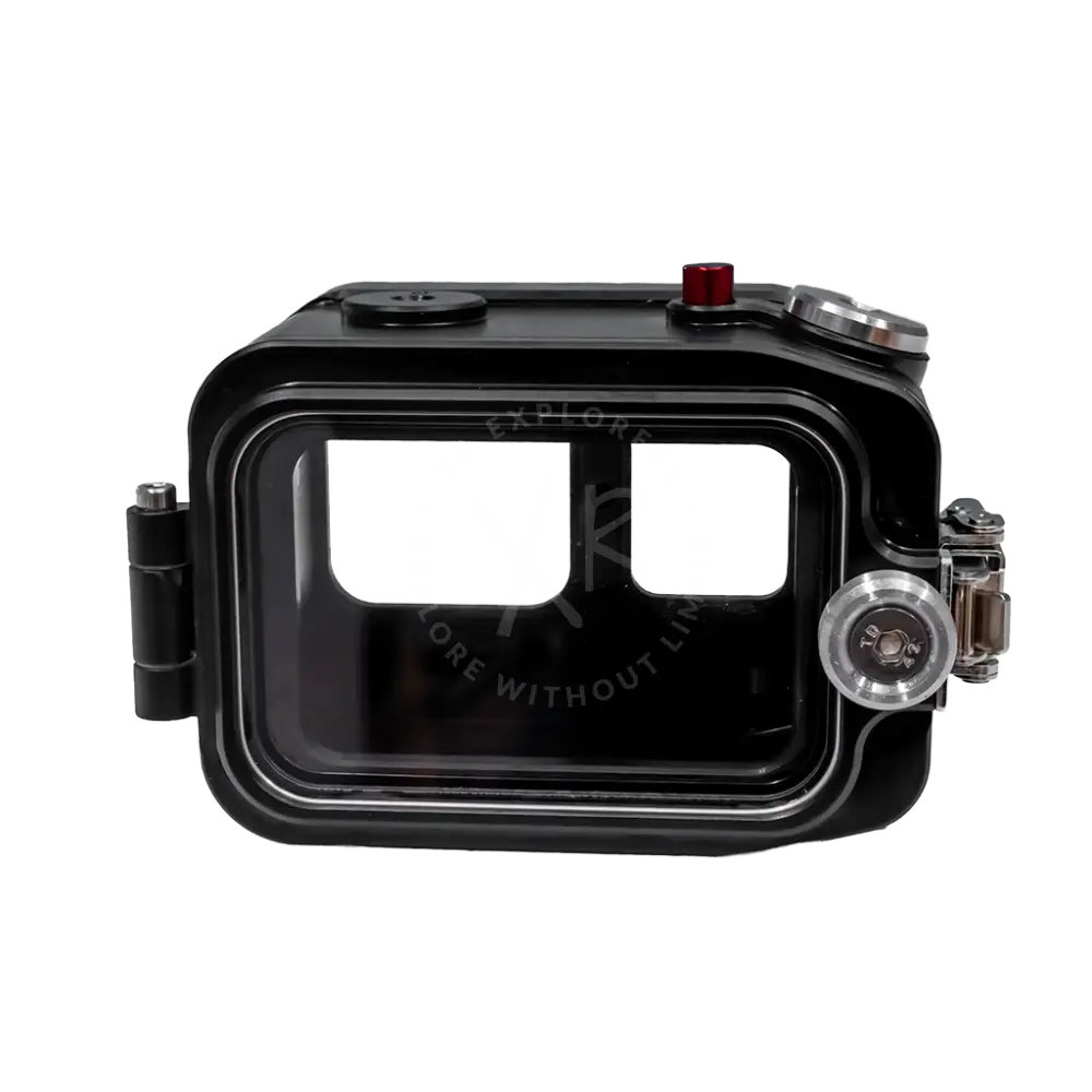 Black waterproof camera housing for Insta360 Ace Pro and Ace Pro 2 with clear front panel and red top button