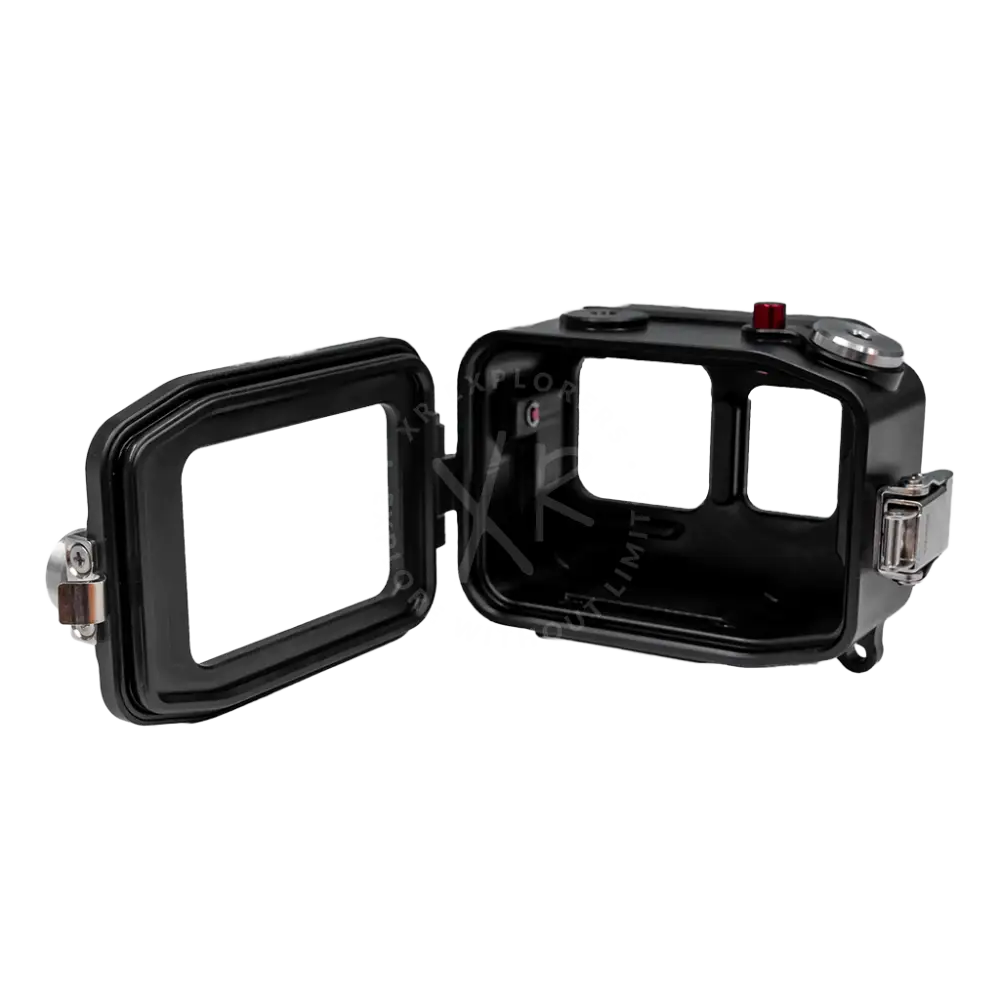 Black waterproof camera housing for insta360 ace pro and ace pro 2 with hinged lid silver accents and red button on top