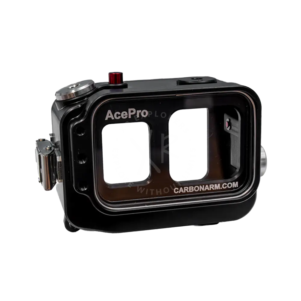 Black acepro underwater camera housing with clear front panel and silver accents for insta360 ace pro and ace pro 2