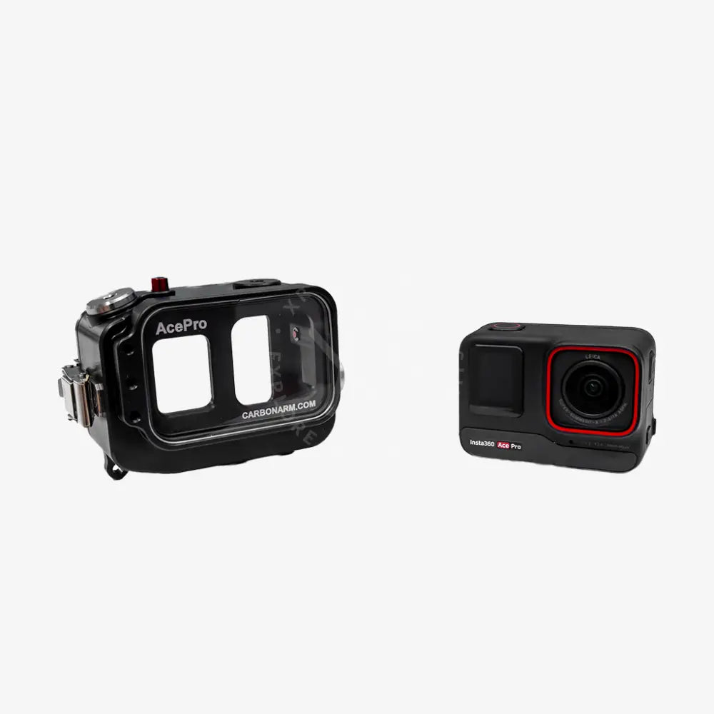 Black acepro waterproof housing for insta360 one pro action camera with red trim and clear front panel
