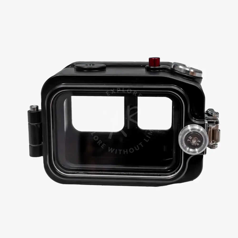 Black waterproof camera housing for Insta360 Ace Pro and Ace Pro 2 with clear front panel and red top button