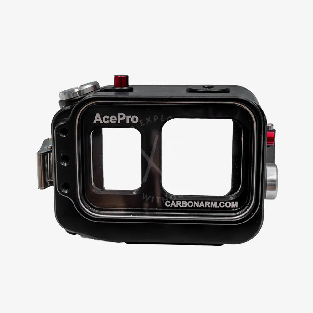 Black acepro underwater housing with clear front panels and silver accents for Insta360 Ace Pro and Ace Pro 2 cameras