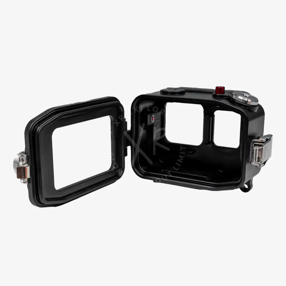 Black waterproof camera housing for insta360 ace pro and ace pro 2 with hinged lid silver accents and red button on top