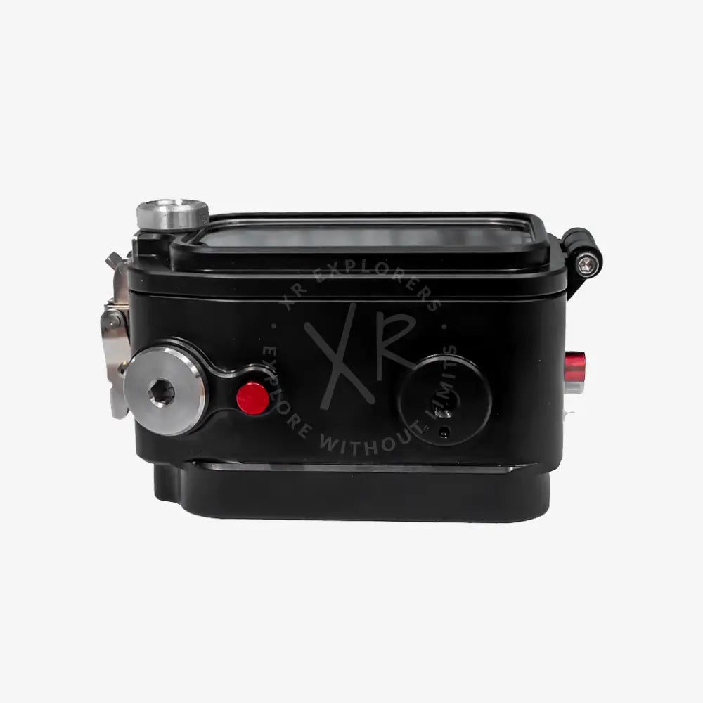 Black waterproof camera housing with silver metallic accents and red button for insta360 ace pro and ace pro 2
