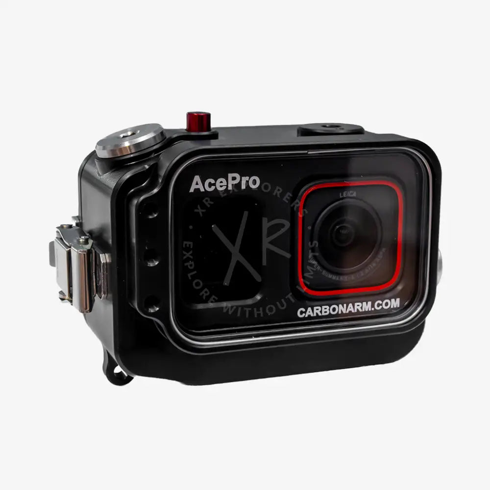 Black acepro underwater camera housing with red-rimmed Leica lens and metallic accents for Insta360 Ace Pro and Ace Pro 2