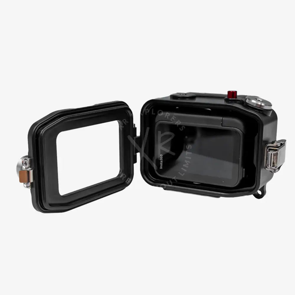 Black waterproof camera housing for insta360 ace pro and ace pro 2 with hinged lid red button and silver usb port side view
