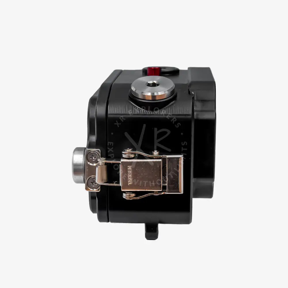 Black industrial-grade camera mount for insta360 ace pro and ace pro 2 housing with silver lock and red adjustment knob