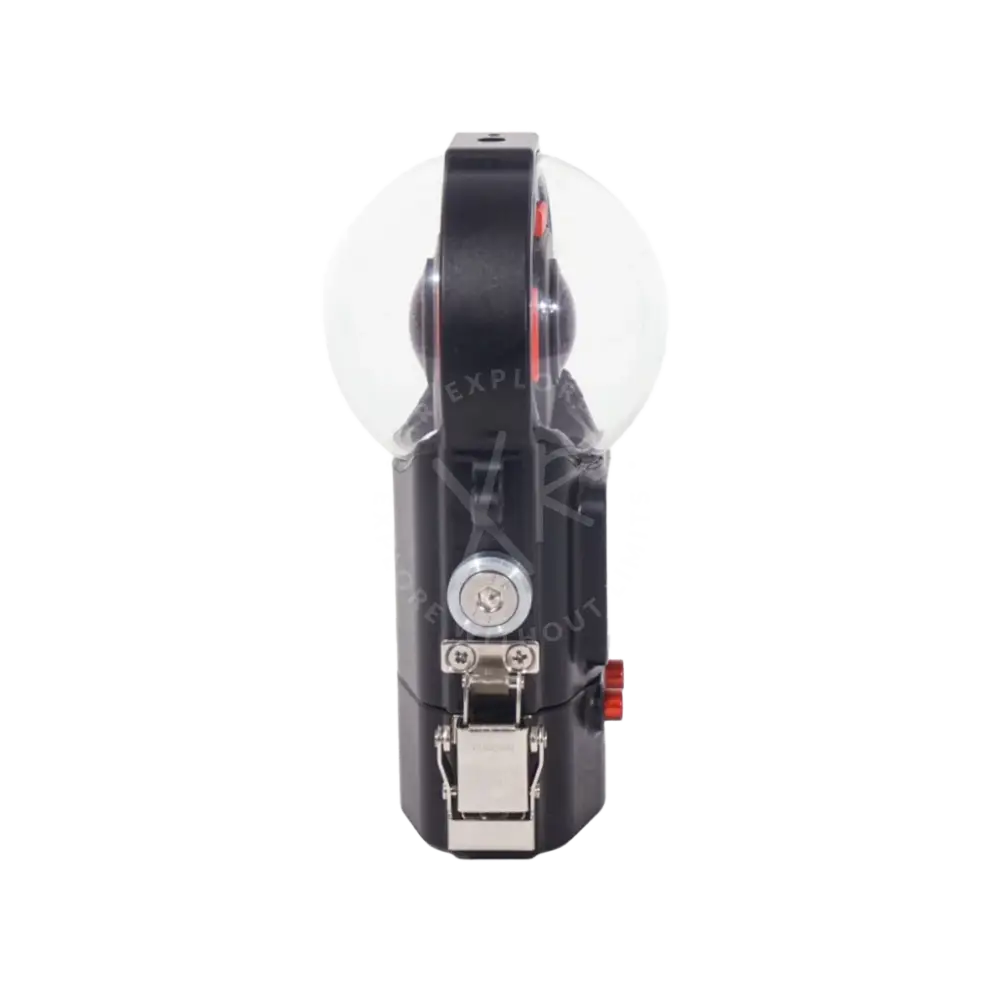 Black handheld tape measure with clear circular housing and red accents for Insta360 One X3 housing use