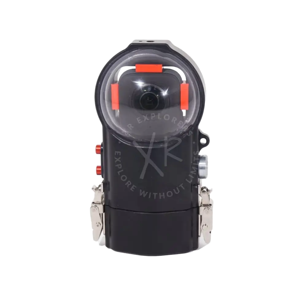 Black waterproof insta360 one x3 housing with clear dome cover and orange accent buttons for action cameras