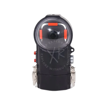 Black waterproof insta360 one x3 housing with clear dome cover and orange accent buttons for action cameras