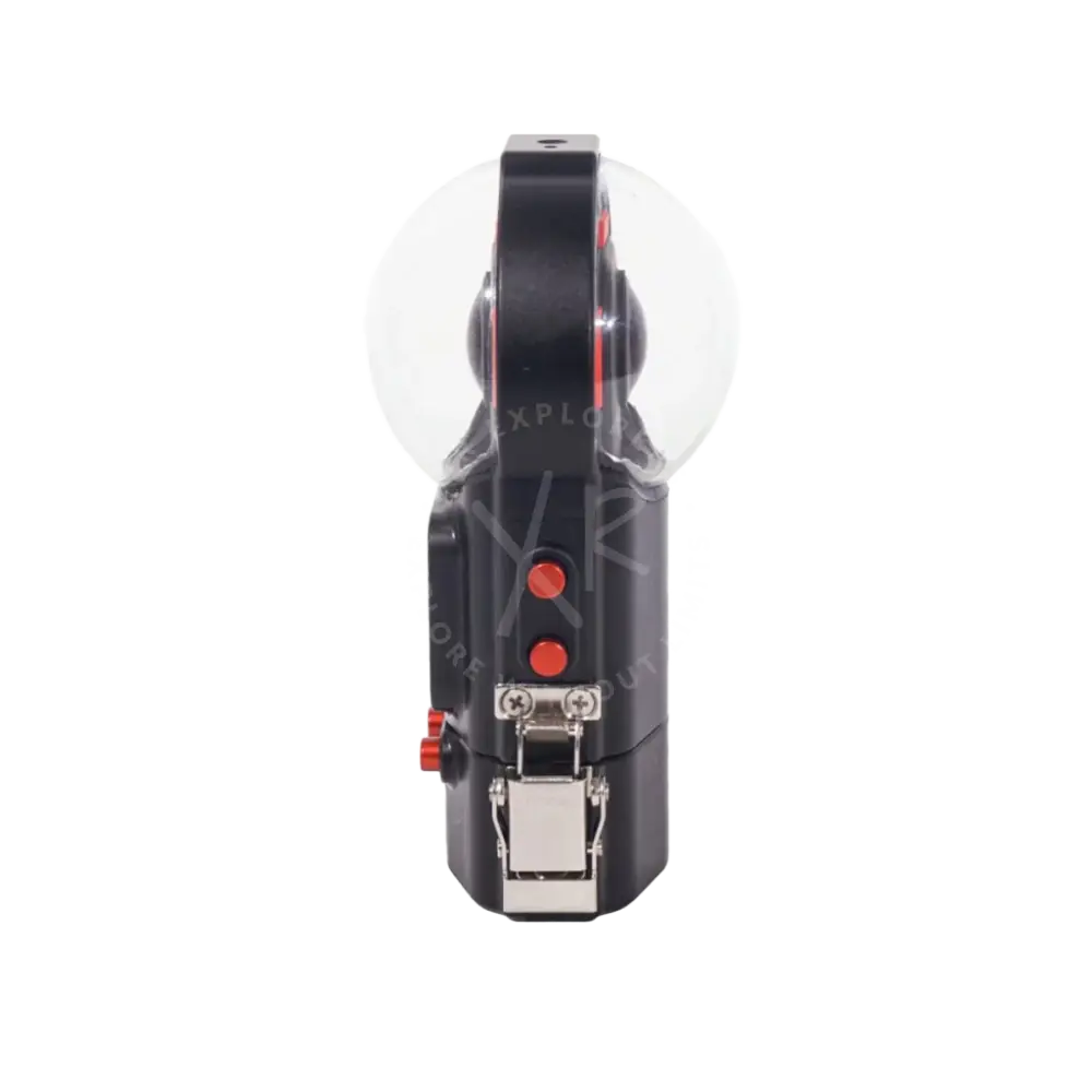 Black and red handheld 360-degree camera with transparent dome cover in insta360 one x3 housing