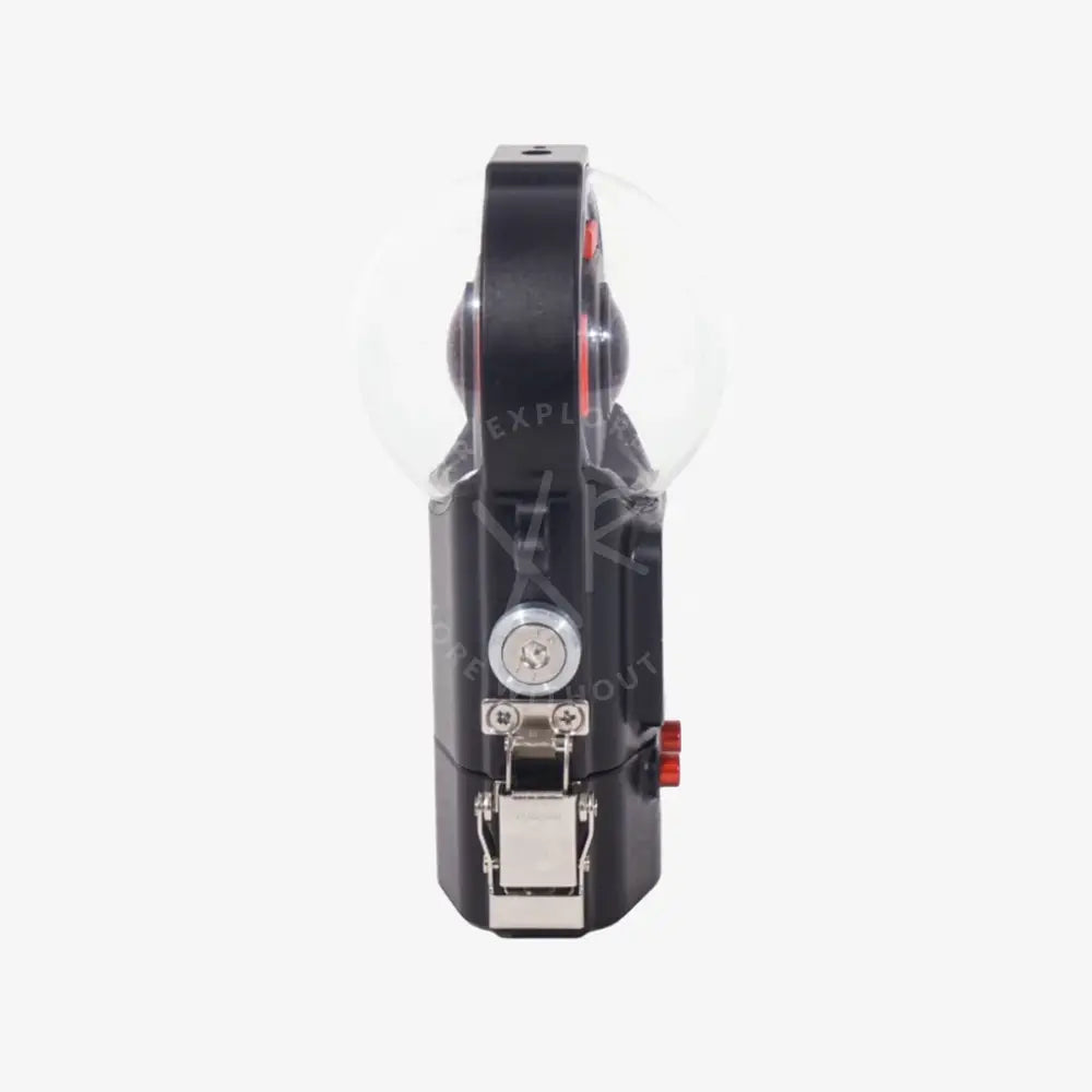 Black handheld tape measure with clear circular housing and red accents for Insta360 One X3 housing use