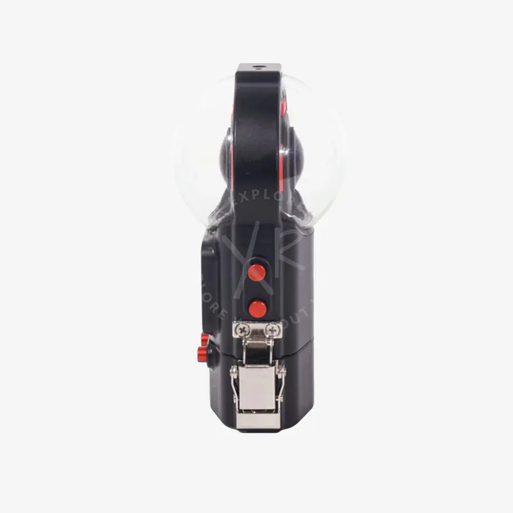Black and red handheld 360-degree camera with transparent dome cover in insta360 one x3 housing