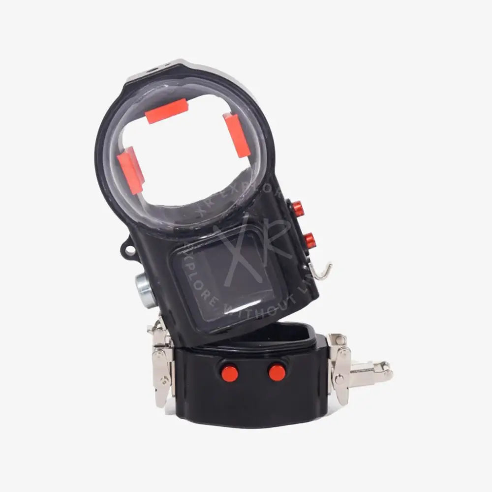 Black waterproof camera housing for Insta360 One X3 with clear circular top and red accent buttons